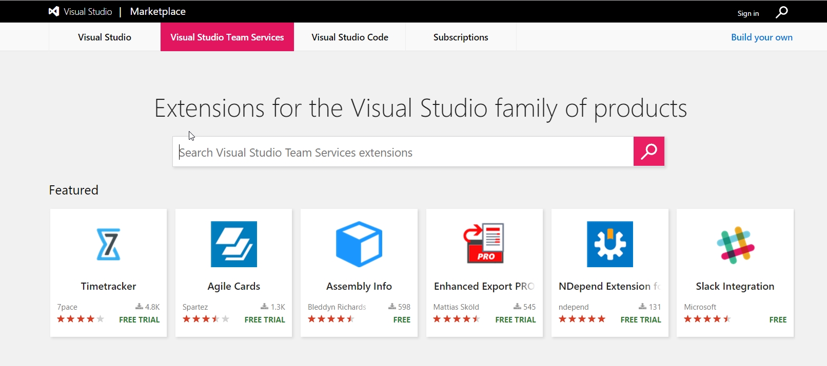 The VSTS Marketplace displays.
